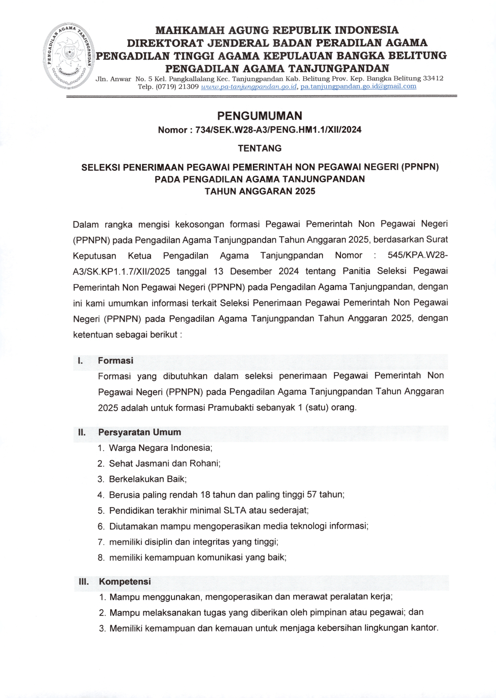 Pengumuman Seleksi Penerimaan PPNPN PA Tanjungpandan 1